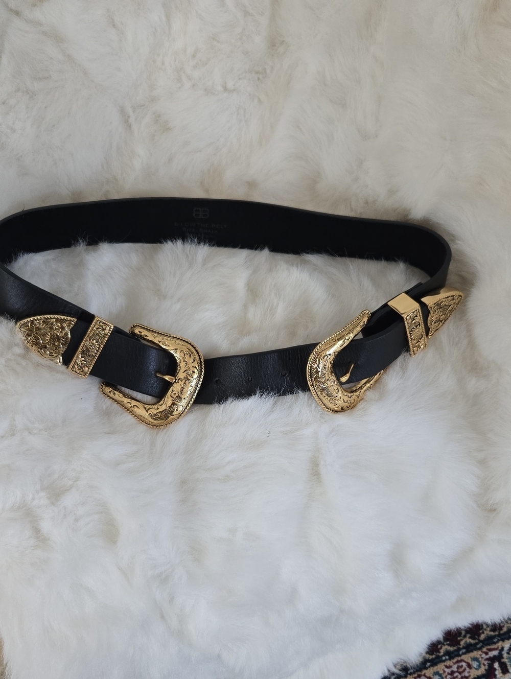 B-Low the Belt Black Leather Double Buckle Belt with Gold Buckles